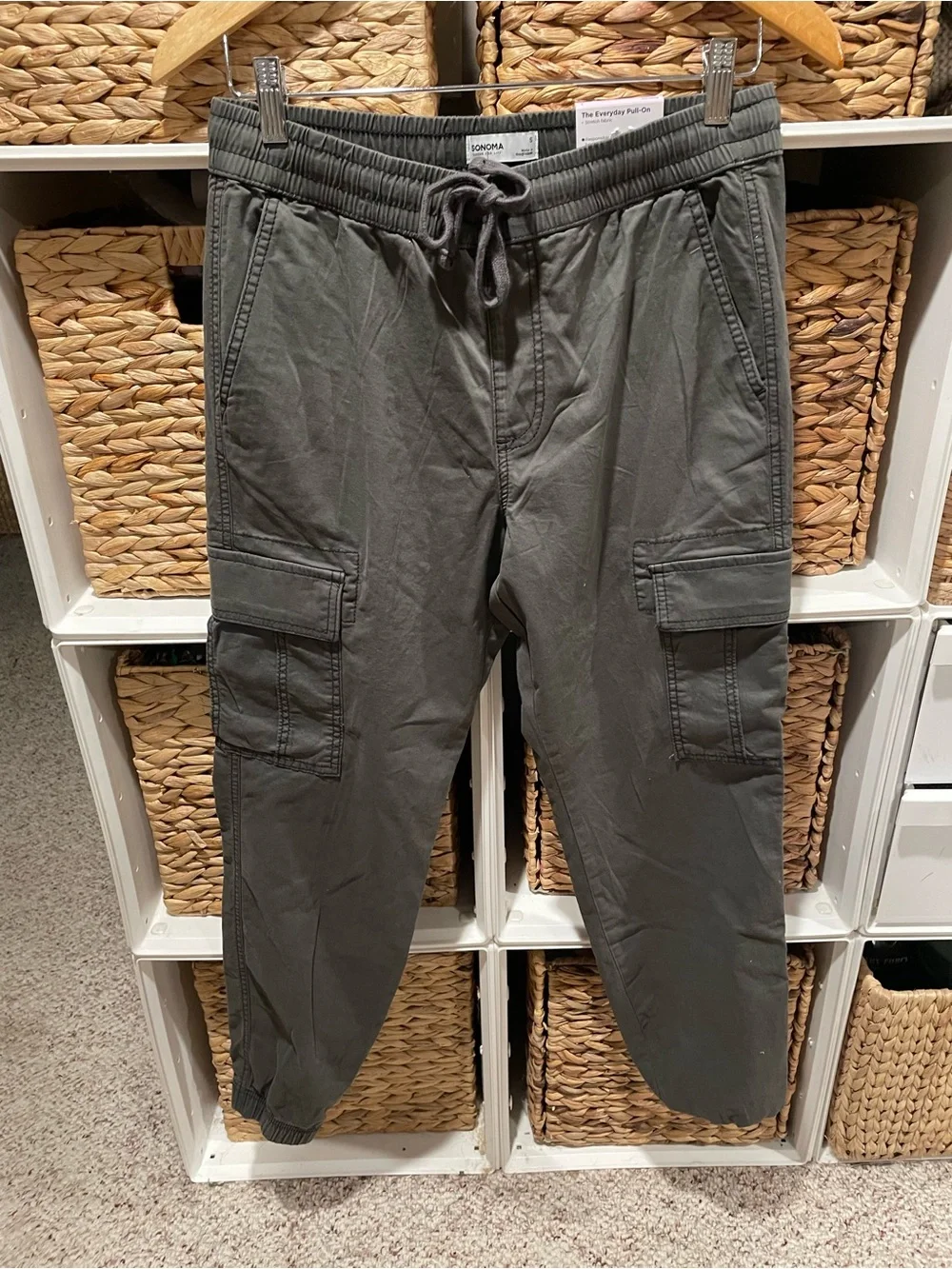 Men’s Small Gray Pull-On Cargo Jogger Pants Stretch Cotton Elastic Waist Size S
